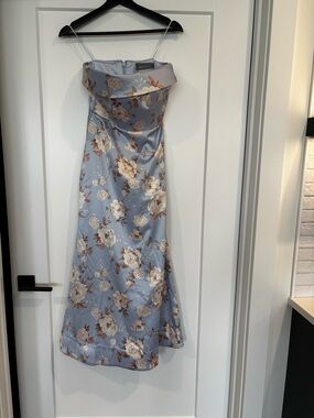 Powder Blue Floral Satin Strapless Dress, size 8 bought from Anthropologie